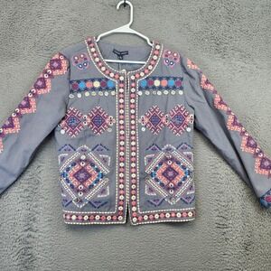 Indigo Moon Jacket Womens Large Gray Embroidered Boho Ethnic Coins New India